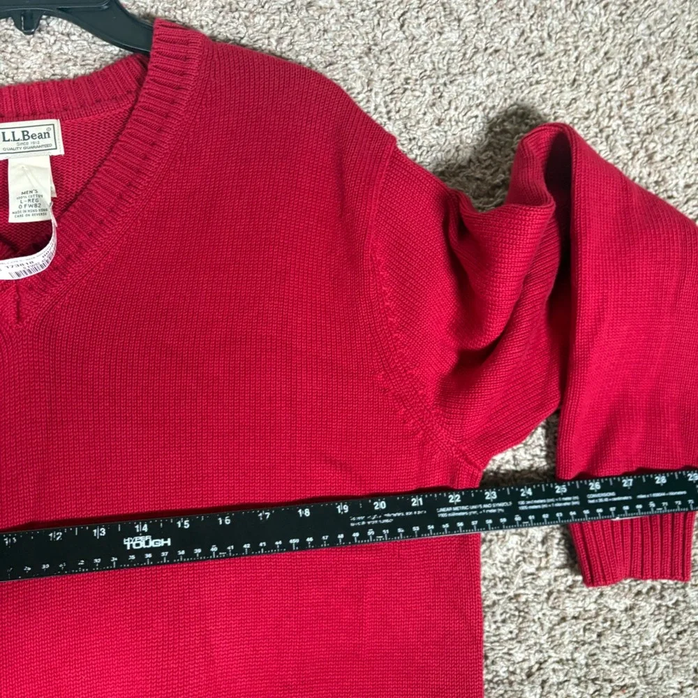 LL Bean Mens Red V-Neck Cotton Knit Sweater Large Regular L-REG 0FW82